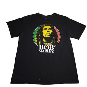 Zion Rootswear Black Bob Marley Graphic Tee with Red, Yellow & Green Accent